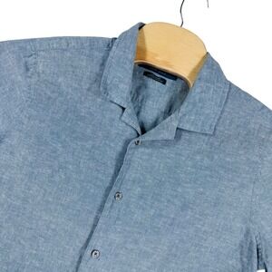 Perry Ellis Mens L Blue Linen Blend Short Sleeve Button Down Shirt Resortwear